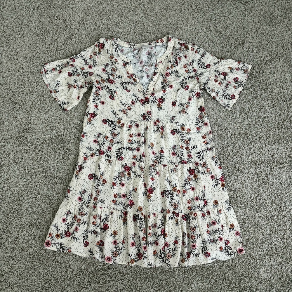 LOFT White Floral Polka Dot Blouse with Pink Accents